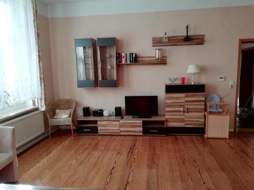 sala de estar con TV y suelo de madera en Ferienwohnung am Torbogen Nr.2, en Lübbenau