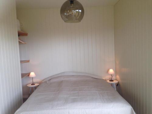 a bedroom with a bed with two lamps on it at Sumarhúsin Signýjarstöðum in Reykholt