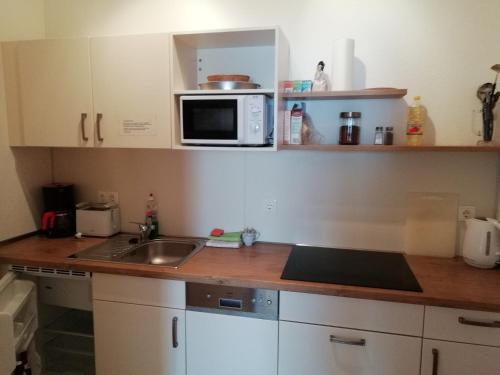 a kitchen with a sink and a microwave at Ferienwohnung am Torbogen Nr.2 in Lübbenau