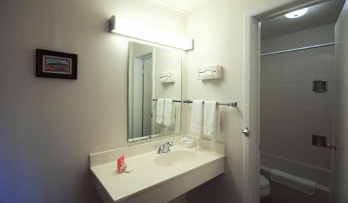 
a bathroom with a sink, toilet and mirror at Roadrunner Lodge Motel in Tucumcari
