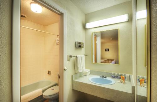 a bathroom with a sink and a toilet and a mirror at Roadrunner Lodge Motel in Tucumcari