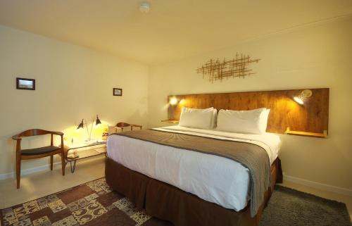 a hotel room with a large bed and a desk at Roadrunner Lodge Motel in Tucumcari