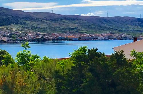 a view of a body of water with a city at Apartments Vuleta in Pag