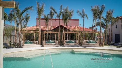 a swimming pool in front of a building with palm trees at Hacienda 1800 in Cuatrociénegas de Carranza