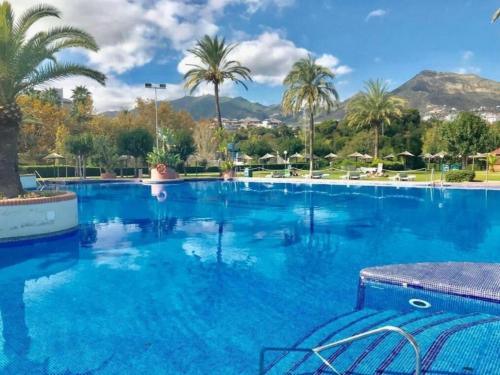 una gran piscina con palmeras y montañas en Benalbeach Apartment Ana, en Benalmádena