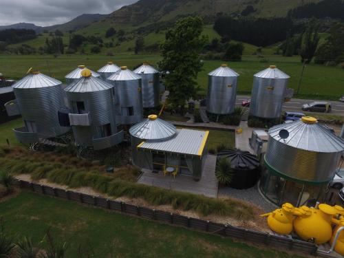 an aerial view of a bunch of silos at SiloStay in Little River