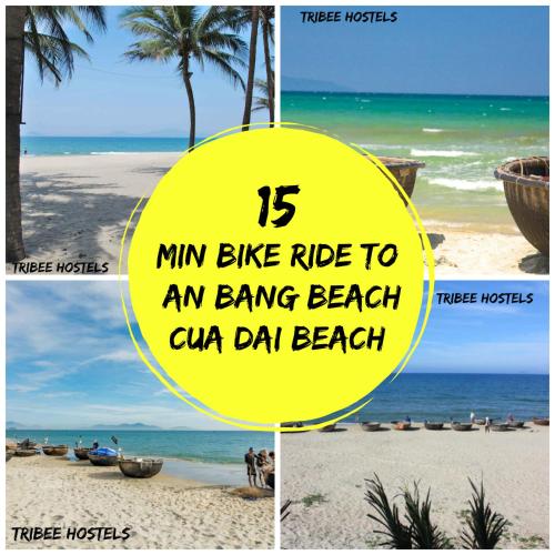 a collage of photos of a beach with the words mins bike ride to at Hoianese Heritage Hotel - Truly Hoi An in Hoi An
