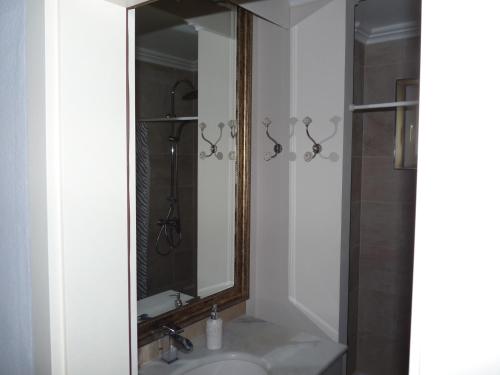 La salle de bains est pourvue d'un lavabo et d'un miroir. dans l'établissement Appartements am Wildpark, à Malente