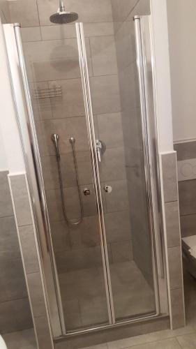 a shower with a glass door in a bathroom at Hotel Flora in Cesenatico