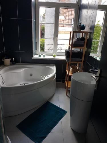 a bathroom with a tub and a toilet and a window at Ilot Désille in Boulogne-sur-Mer