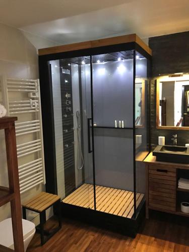 une salle de bain avec une douche avec des toilettes et un lavabo dans l'établissement Appartement Residence Athena, à Cannes