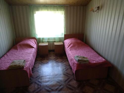 ゴルビツカヤにあるGuest House Morskaya 2/2の窓付きの小さな部屋のベッド2台