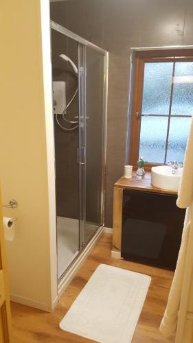 a bathroom with a shower and a sink at Canterra Cottage in Tain