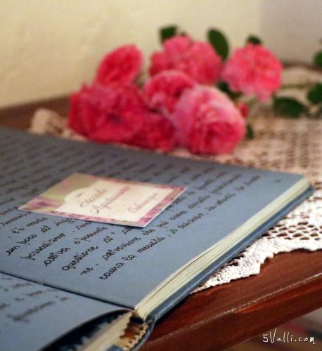 a book sitting on top of a table with flowers at Stecadó Casté - Dimora storica nel cuore del paese in Dolceacqua
