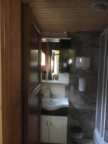a bathroom with a sink and a mirror at Ayder Bulut Dağevi Bungalow in Ayder Yaylasi