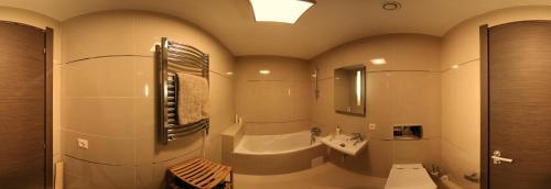 a bathroom with a sink and a bath tub at Chambres Mountain in Poiana Brasov