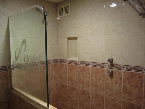 a shower with a glass door in a bathroom at Panorama Hotel  in Mexico City