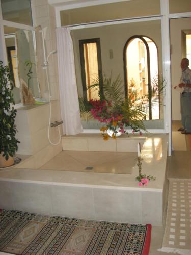 a bathroom with a bath tub with a large mirror at Complejo La Ermita in Rodalquilar