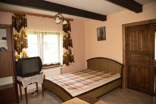 Ένα ή περισσότερα κρεβάτια σε δωμάτιο στο Dwor Trzesniow