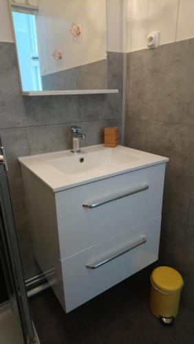 リブルヌにあるAgreable appartement proche Gareのバスルーム(白い洗面台、鏡付)