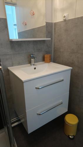 une salle de bain avec un lavabo blanc et un miroir dans l'établissement Agreable appartement proche Gare, à Libourne