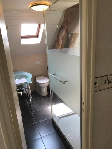 Elle comprend une petite salle de bains pourvue de toilettes et d'une fenêtre. dans l'établissement B&B Le Saut de la Bergère, à Aubazines