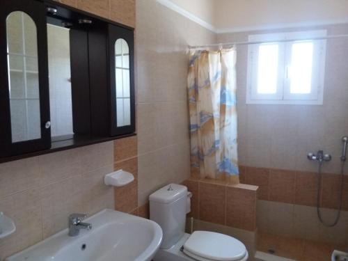 a bathroom with a toilet and a sink at Turtle Beach Apartment in Marathias