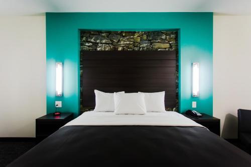 a bedroom with a large bed and a green wall at Palacio Royale Inn Boutique Katy in Katy