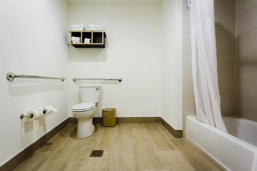 a bathroom with a toilet and a bath tub at Palacio Royale Inn Boutique Katy in Katy