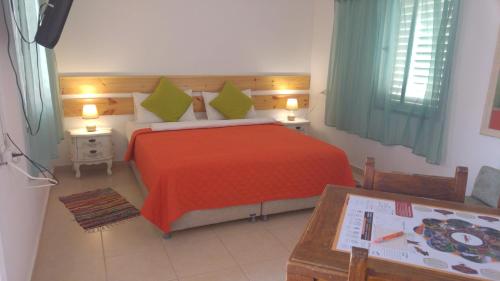 a bedroom with a bed with a red blanket and green pillows at Elifaz Desert Experience Holiday in Elifaz