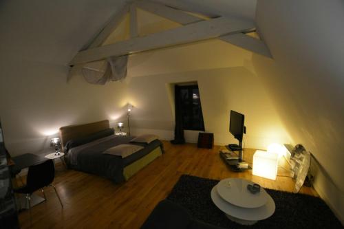 uma sala de estar com uma cama e uma televisão em Maison d'hôtes Les Coudreaux em Rueil-Malmaison