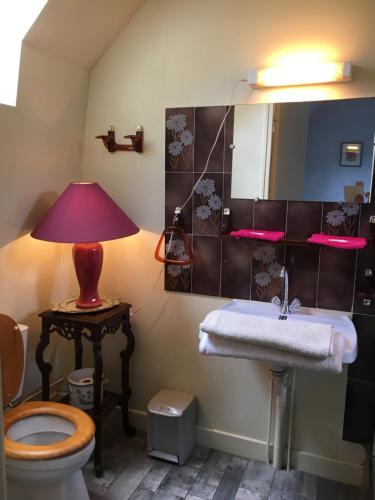 a bathroom with a sink and a lamp on a table at Hotel bar b'rock in Saint-Martin-sous-Vigouroux