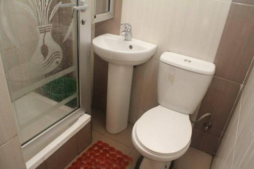 Baño pequeño con aseo y lavamanos en Chantella Suites, en Ikeja