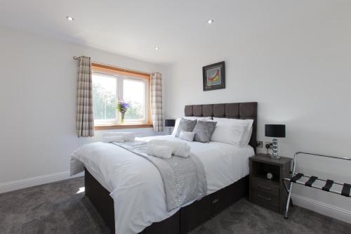 Un dormitorio con una cama grande y una ventana en Leys Park Executive Apartments, en Dunfermline