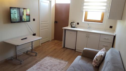 a living room with a couch and a table and a sink at TAŞ KONAK BUTİK OTEL in Ordu