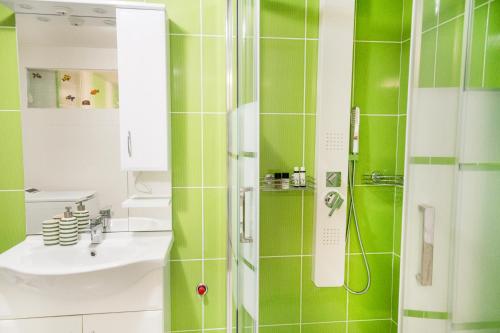 a green bathroom with a sink and a shower at Bagoly lak in Mátraszentimre