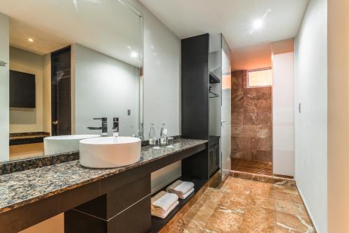 uma casa de banho com um lavatório e um espelho em Exe Cities Reforma em Cidade do México