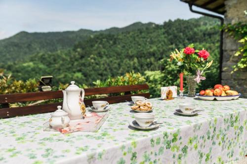 a table with a table cloth with food on it at Počitniška hiša Pologar in Tolmin