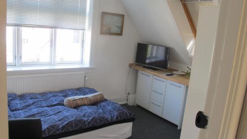 a small bedroom with a bed and a television at Guesthouse Sharon Aarhus in Aarhus