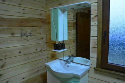 a bathroom with a sink and a mirror at Cooper House in Szack