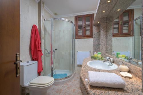 W łazience znajduje się toaleta, umywalka i prysznic. w obiekcie Haraki Sea View Luxury House w mieście Rodos
