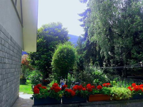 a garden with red flowers in pots next to a building at Casa Vacanze Santa Perpetua in Tirano