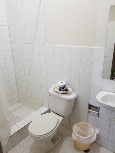 a white bathroom with a toilet and a sink at Hostel Quintonido in Jarabacoa