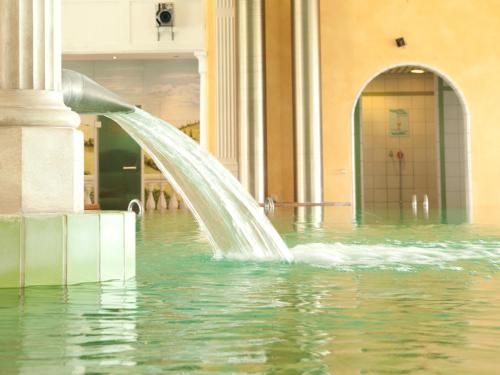 a fountain in a pool of water in a building at Hotel Birkenhof Therme in Bad Griesbach