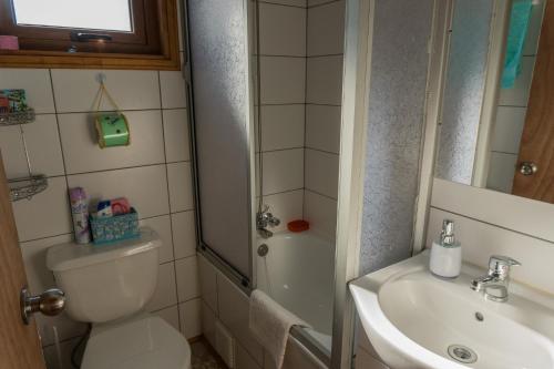a bathroom with a toilet and a sink and a shower at Cabañas La Misión in Niebla