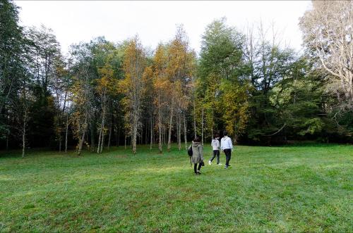 three people walking in a field with trees in the background at Hotel Boutique Ecoterraverde in Panguipulli