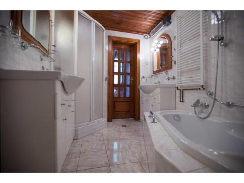 ein Badezimmer mit einer Badewanne, einem Waschbecken und einem Spiegel in der Unterkunft CHATA Privlaky in Přívlaky