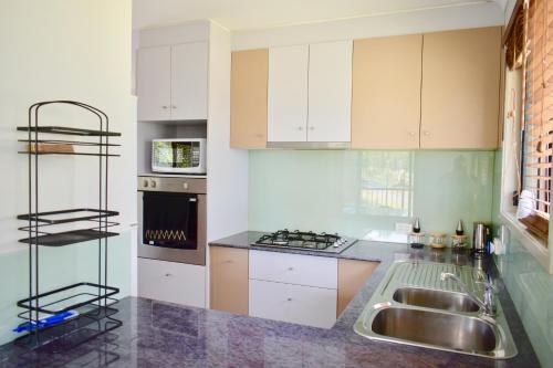 uma cozinha com um lavatório e um fogão forno superior em Lazyu em Kerry