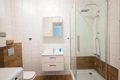 uma casa de banho com um chuveiro, um lavatório e um WC. em Apartament Zebcowska em Ostrów Wielkopolski