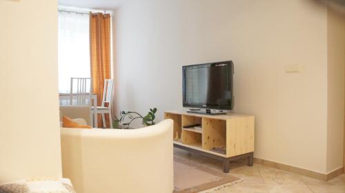 a living room with a flat screen tv on a wooden stand at Apartamentai Druskininkuose in Druskininkai